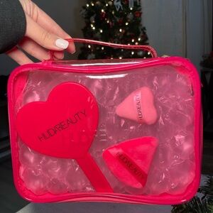 HUDA BEAUTY Clear Pink Makeup Bag, Heart Hand Mirror and Powder Puff Duo